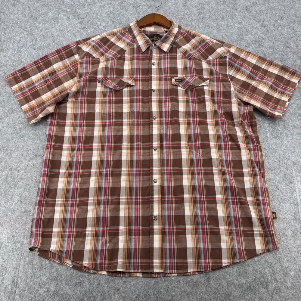 Howler Brothers Mens XL Brown Plaid Short Sleeve Western Pearl Snap Shirt HB101